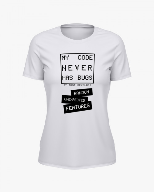 Футболка жіноча з надписом My code never has bugs Футболка жіноча з надписом My code never has bugs