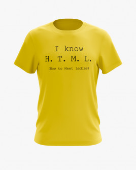 Футболка чоловіча жовта ХЛ з написом I know H.T.M.L.