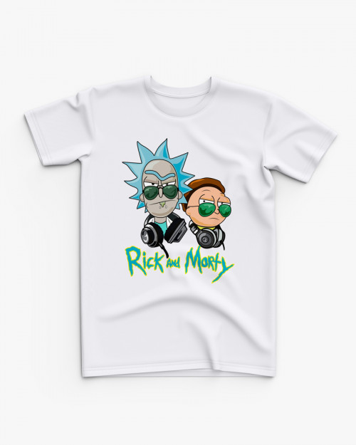 Футболка дитяча з принтом Rick and Morty в навушниках Футболка дитяча з принтом Rick and Morty в навушниках